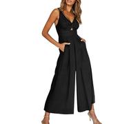 FUPODD Jumpsuit Damen Sommer 7/8 Lang Weites Bein Overall Elegant Romper V Ausschnitt Hosenanzug Culotte Onesie Leicht Luftig Playsuit Ärmellos Jumpsuits Wide Leg Einfarbig Einteiler Frauen Kuschel