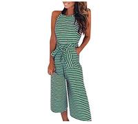 FUPODD Jumpsuit Damen Sommer Elegant Gestreift Overall 7/8 Lang Mit Gürtel Playsuit Neckholder Einteiler Weites Bein Jumpsuits Für Damen Mit Tasche Onesie Ärmellos Romper Frauen Streifen Hosenanzug
