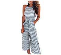 FUPODD Jumpsuit Damen Sommer Elegant Gestreift Overall 7/8 Lang Mit Gürtel Playsuit Neckholder Einteiler Weites Bein Jumpsuits Für Damen Mit Tasche Onesie Ärmellos Romper Frauen Streifen Hosenanzug