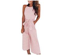 FUPODD Jumpsuit Damen Sommer Elegant Gestreift Overall 7/8 Lang Mit Gürtel Playsuit Neckholder Einteiler Weites Bein Jumpsuits Für Damen Mit Tasche Onesie Ärmellos Romper Frauen Streifen Hosenanzug