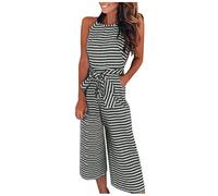 FUPODD Jumpsuit Damen Sommer Elegant Gestreift Overall 7/8 Lang Mit Gürtel Playsuit Neckholder Einteiler Weites Bein Jumpsuits Für Damen Mit Tasche Onesie Ärmellos Romper Frauen Streifen Hosenanzug