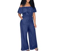 FUPODD Jumpsuit Damen Sommer Große Größen Jeans Overall Damen Sommer Lang Weites Bein Jumpsuits Schulterfrei Plus Size Playsuit Elegant Denim Einteiler Mit Tasche Luftig Romper Frauen Mit Kordel