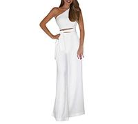 FUPODD Jumpsuit Damen Sommer Lang Elegant One Shoulder Jumpsuits Für Damen Festlich Hochzeitsgast Overall Eleganter Ärmellos Romper Frauen Cut Out Mit Gürtel Playsuit Weites Bein Hosenanzug Hochzeit