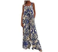 FUPODD Jumpsuit Damen Sommer Lang Weites Bein Musselin Latzhose Mit Taschen Jumpsuits Locker Ärmellos Mit Träger Boho Overall Elegant Baumwolle Leinen Bohemian Playsuit Knöpfe Onesie Frauen Strand