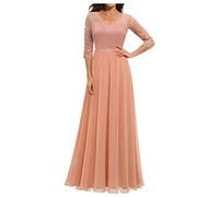 FUPODD Kleid Damen Hochzeitsgast Ballkleider Lang Festliche Kleider Frauen Abendkleider Elegant Für Hochzeit Cocktailkleid mit Ärmeln Lochstickerei Tüll Kleid Schwingen Damenkleider V Ausschnitt