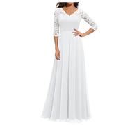 FUPODD Kleid Damen Hochzeitsgast Ballkleider Lang Festliche Kleider Frauen Abendkleider Elegant Für Hochzeit Cocktailkleid mit Ärmeln Damenkleider V Ausschnitt Lochstickerei Tüll Kleid Schwingen