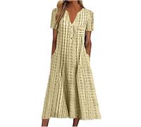 FUPODD Kleid Damen Sommer Mit Ärmel Knöpfe Kariert Sommerkleid Einfarbig Lochstickerei Kleider Muster Luftiges Schick Dünnes Schönes Baumwolle Strandkleid Bohemian Ibiza Kaftan Sommerkleider Strand