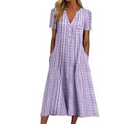 FUPODD Kleid Damen Sommer Mit Ärmel Knöpfe Kariert Sommerkleid Einfarbig Lochstickerei Kleider Muster Luftiges Schick Dünnes Schönes Baumwolle Strandkleid Bohemian Ibiza Kaftan Sommerkleider Strand