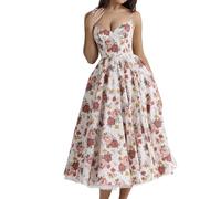 FUPODD Kleid Rückenfrei Cocktailkleid Damen Lang Spaghettiträger Korsett Abendkleider Elegant Prinzessin Kleider Frauen Corset Ballkleid Taschen Abschlusskleid Schwingen Tüll Doppellagig Maxikleid
