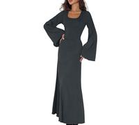FUPODD Kleid Winter Damen Lang Geripptes Maxikleider Langarm Elegant Slim Kleider Trompetenärmel U Ausschnitt Abendkleid Frauen Korsett Schnürung Damenkleider Figurumspielend Strickkleid Schwingen