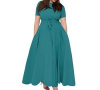 FUPODD Kleider Damen Sommer Große Größen Sommerkleid Damen Lang Elegant Sommerkleider Leicht Und Luftig Mit Ärmel Kleid Für Dicke Frauen Mollige Freizeitkleid Mit Gürtel Damenkleider Grosse Grössen