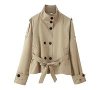 FUPODD Kurzer Trenchcoat Damen Zweireiher Übergangsjacke Damen Elegant Mit Gürtel Taschen Mantel Kurz Jacke Stehkragen Herbstjacke Einfarbig Trench Coat Frauen Frühling Windjacke Leicht Kurzmantel