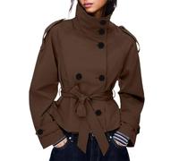 FUPODD Kurzer Trenchcoat Damen Zweireiher Übergangsjacke Damen Elegant Mit Gürtel Taschen Mantel Kurz Jacke Stehkragen Herbstjacke Einfarbig Trench Coat Frauen Frühling Windjacke Leicht Kurzmantel
