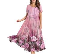FUPODD Langes Sommerkleid Damen Rüschen Kleider Blumen Muster Boho Kleid Leichtes Dünne Strandkleid Schöne Damenkleider Böhmisches Lässig Sommerkleider Locker Blumenkleid Umstandsmode Maxikleid