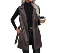 FUPODD Leder Weste Damen Lang Lederjacke Damen Ärmellos Kunstlederweste Revers Ledermantel Motorradweste Mit Gürtel Übergangsjacke Mantel Winter Herbstjacke Frauen Damen-Westen Casual Trenchcoat
