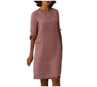 FUPODD Leinenkleider Damen Knielang Sommerkleid Leinen V Ausschnitt Kleid Leichte Elegant Luftige Locker Sommerkleider Frauen Einfarbig Tunika Kleider Elegante Damenkleider Gerade Geschnitten