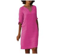 FUPODD Leinenkleider Damen Knielang Sommerkleid Leinen V Ausschnitt Kleid Leichte Elegant Luftige Locker Sommerkleider Frauen Einfarbig Tunika Kleider Elegante Damenkleider Gerade Geschnitten