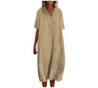 FUPODD Leinenkleider Damen Midi Sommerkleid Elegant Kleid Sommer Halbarm Locker Damenkleider Lang V Ausschnitt Sommerkleider Damen Leicht Luftig Midikleid Mit Ärmeln Tunika Kleid Casual Strandkleid