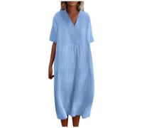 FUPODD Leinenkleider Damen Midi Sommerkleid Elegant Kleid Sommer Halbarm Locker Damenkleider Lang V Ausschnitt Sommerkleider Damen Leicht Luftig Midikleid Mit Ärmeln Tunika Kleid Casual Strandkleid
