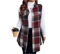 FUPODD Longweste Damen Elegant Kariert Weste Damen Flanell Lang Mantel Ärmellos Westen Leicht Lange Wolle Damenweste Mittellang Übergangsjacke Frauen Casual Kuschelig Herbstweste Mit Knöpfen Kragen