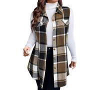 FUPODD Longweste Damen Elegant Kariert Weste Damen Flanell Lang Mantel Ärmellos Westen Leicht Lange Wolle Damenweste Mittellang Übergangsjacke Frauen Casual Kuschelig Herbstweste Mit Knöpfen Kragen