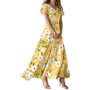 FUPODD Maxi Kleid Freizeitkleider Damen Sommer Plisseekleid Baumwolle Sundresses Luftiges Sommerkleid Mit Ärmel Kleidung Freizeitkleid Carmen Damenkleid Schickes Elegante Kleider Für Frauen Ab 50