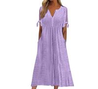 FUPODD Maxi Kleid Freizeitkleider Damen Sommer Plisseekleid Baumwolle Sundresses Luftiges Sommerkleid Mit Ärmel Kleidung Freizeitkleid Carmen Damenkleid Schickes Elegante Kleider Für Frauen Ab 50