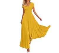 FUPODD Maxikleider Damen Sommer Elegant Sommerkleid Damen Lang Wickelkleid V Ausschnitt Chiffon Kleid Hochzeitsgast Kleider Tailliert Hohe Taille Partykleid Frauen Schickes Plissee Sommerkleider