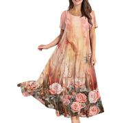 FUPODD Maxikleider Damen Sommer Hohe Taille Sommerkleid Blumenmuster Kleider Luftiges Tunika Kleid Flatterndem Ibiza Sommerkleider Leicht Und Luftig Strandkleid Grosse Grössen Blusenkleid Oversize