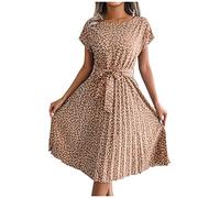 FUPODD Midikleid Damen Elegant Blumen Sommerkleider Leicht Und Luftig Plissee Damenkleider mit Gürtel Blusenkleid Sommer Midi Kurzarm Faltenkleid Frauen Lang Geblümt Strandkleid Casual Blumenkleid