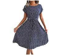 FUPODD Midikleid Damen Elegant Blumen Sommerkleider Leicht Und Luftig Plissee Damenkleider mit Gürtel Blusenkleid Sommer Midi Kurzarm Faltenkleid Frauen Lang Geblümt Strandkleid Casual Blumenkleid