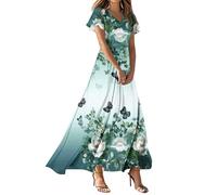 FUPODD Musselin Kleid Damen Sommer Freizeitkleid Maxi Kleider Grünes Sommerkleid Ärmel Kurz Sommerkleider Einfarbig Maxikleider Strandkleid Freizeit Damenkleider Korsett Strandtunika Mollige Frauen