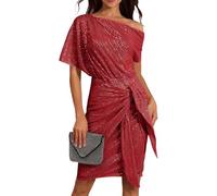 FUPODD Pailettenkleider Für Damen Elegant Slope Schulter Glitzerkleid Knielang Partykleid Silvester Kleid Glitzer Wickelkleid Festliche Kleider Pailletten Cocktailkleid Frauen Hochzeit Abendkleid