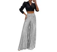 FUPODD Pailletten Hose Damen Weite Plissee Hose Glitzer High Waist Palazzo Hose Frauen Casual Marlenehose Locker Stoffhose Weitem Bein Freizeithose Elegant Culottes Hose Gummizug Lounge Hose Gerade