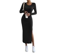 FUPODD Pulloverkleid Damen Elegant Curvy Strickkleid Damen Winter Lang Mit Schlitz Maxi Geripptes Winterkleider Gestricktes Strickkleider Frauen Eng Gerader Schnitt Winterkleid Damen Langarm Warm