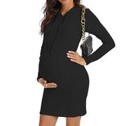 FUPODD Pulloverkleid Damen Winter Schwangere Winterkleid Damen Elegant Mit Kapuze Strickkleid Stretch Kurz Umstandsmode Kleid Geripptes Hoodie Herbstkleid Langarm Kleider Schwangerschaft Pullikleid