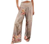FUPODD Sommerhose Damen Leicht Palazzo Hose Damen Sommer Stoffhose High Waist Marlenehose Weites Bein Strandhose Blumen Freizeithose Elegant Schlupfhose Mit Taschen Lounge Hose Mit Gummizug