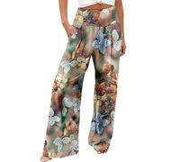 FUPODD Sommerhose Damen Leicht Palazzo Hose Damen Sommer Stoffhose High Waist Marlenehose Weites Bein Strandhose Blumen Freizeithose Elegant Schlupfhose Mit Taschen Lounge Hose Mit Gummizug