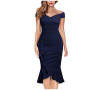 FUPODD Sommerkleid Damen Elegant Enges Abendkleid Frauen Leicht Luftig Maxikleid Schulterfrei V Ausschnitt Cocktailkleid Curvy Mit Schlitz Damenkleider Vorne Kurz Hinten Lang Rüschen Sommerkleider