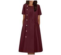 FUPODD Sommerkleid Damen Elegant Häkel Spitze Midi Kleid Damen Sommer Halbarm High Waist Damenkleider mit Taschen Sommerkleider Leicht Und Luftig Midikleid Lang Einfaches Kleider Plissee mit Knpfen