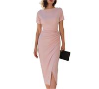 FUPODD Sommerkleid Damen Elegant Lang Etuikleid Curvy Business Kleid Frauen Büro Midi Plissee Festlich Cocktailkleid Hochzeitsgast Kurzarm Figurbetont Abendkleid Hochzeit Festliche Kleider Mit Ärmel