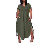 FUPODD Sommerkleid Damen Große Größen Lang Kleider Für Mollige Frauen Tunika Kleid Mit Taschen Midikleid Mit Schlitz Sommerkleider Leicht Und Luftig Shirtkleid Kurzarm Lose Strandkleid V Ausschnitt