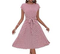 FUPODD Sommerkleid Damen Knielang Elegant Plissee Kleider Mit Gürtel Sommerkleider Damen Leicht Und Luftig Damenkleider Frauen Sommer Kleid Geblümt Strandkleid Schwingen Freizeitkleider Plisseekleid