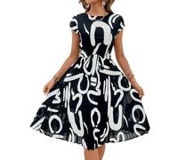 FUPODD Sommerkleid Damen Knielang Elegant Plissee Kleider Mit Gürtel Sommerkleider Damen Leicht Und Luftig Damenkleider Frauen Sommer Kleid Geblümt Strandkleid Schwingen Freizeitkleider Plisseekleid