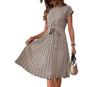 FUPODD Sommerkleid Damen Knielang Elegant Plissee Kleider Mit Gürtel Sommerkleider Damen Leicht Und Luftig Damenkleider Frauen Sommer Kleid Geblümt Strandkleid Schwingen Freizeitkleider Plisseekleid