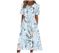 FUPODD Sommerkleid Damen Lang Elegant Kleider Damen Sommer Locker Maxikleid Damen Schick Tshirt Kleid Kurzarm Casual Sommerkleider Damen Leicht Und Luftig Strand Blumenkleid Damen mit Taschen