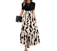 FUPODD Sommerkleid Damen Lang Mit Ärmeln Kleid Schwingendes Puffärmel Elegantes Kleider Blumenmuster Geblümt Sommerkleider Muster Bedruckt Strandkleid Bunt Farbblock Damenkleider Leichtes Luftiges