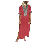 FUPODD Sommerkleid Maxi Damen Kaftan V Ausschnitt Elegant Boho Kleid Frauen Kurzarm Locker Ibiza Kleider Lang Vintage Italienische Maxikleid Mit Schlitz Sommerkleider Leicht Und Luftig Strandtunika