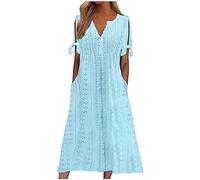 FUPODD Sommerkleider Damen Leicht Kleider Lang Häkelkleid Sommerkleid Damen Midilänge Halblanges Tunika Kleid Mittellange Shirtkleid üBerknielang Tshirtkleid Dreiviertel Lang Strandkleid Wadenlang