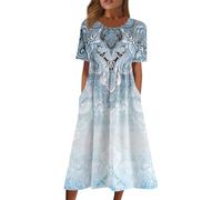 FUPODD Sommerkleider Damen Leicht Und Luftig Elegante Musselin Tunika Kleid Midi Sommer Blusenkleid Tshirt Kleider Elegant Langes Sommerkleid Midikleid Strandkleid Shirtkleid Damenkleider Vintage